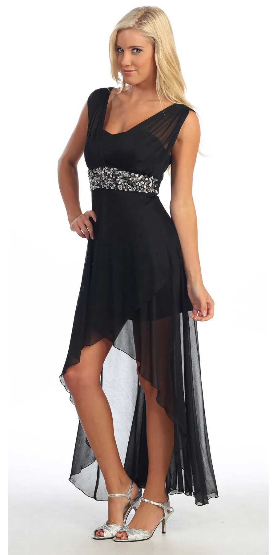 Celavie 2389 Chiffon Dress High Low Wide Strap Rhinestone Waist