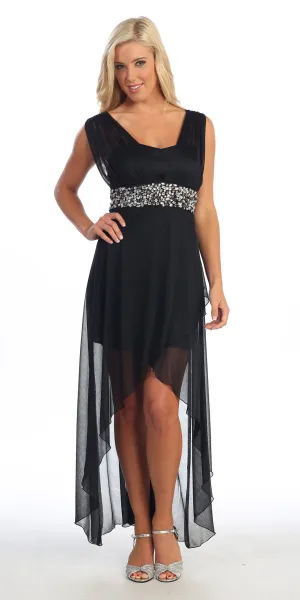 Celavie 2389 Chiffon Dress High Low Wide Strap Rhinestone Waist