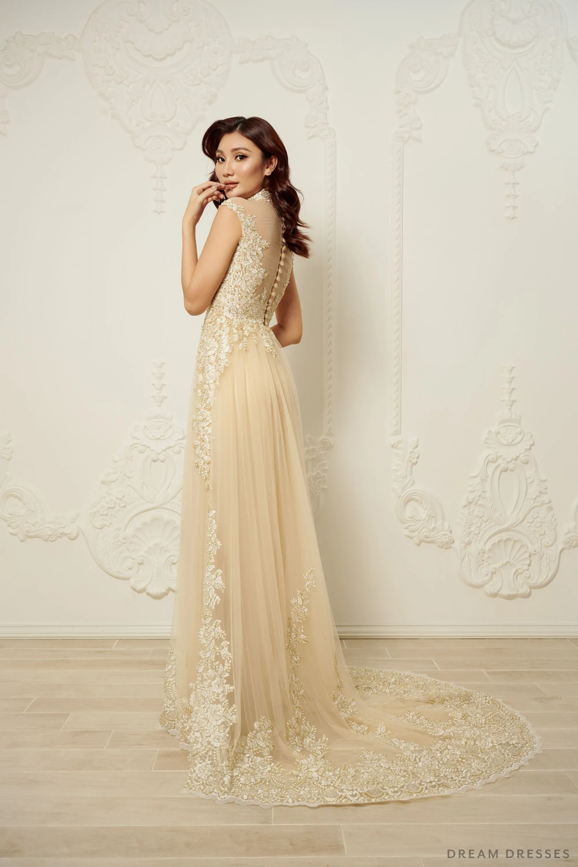 Champagne Bridal Ao Dai | Modern Vietnamese Bridal Dress (#SUYIN)