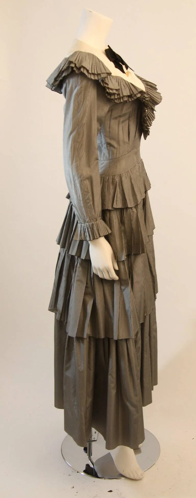 CHANEL Edwardian Tiered Ruffle Gingham Gown with Black Bow