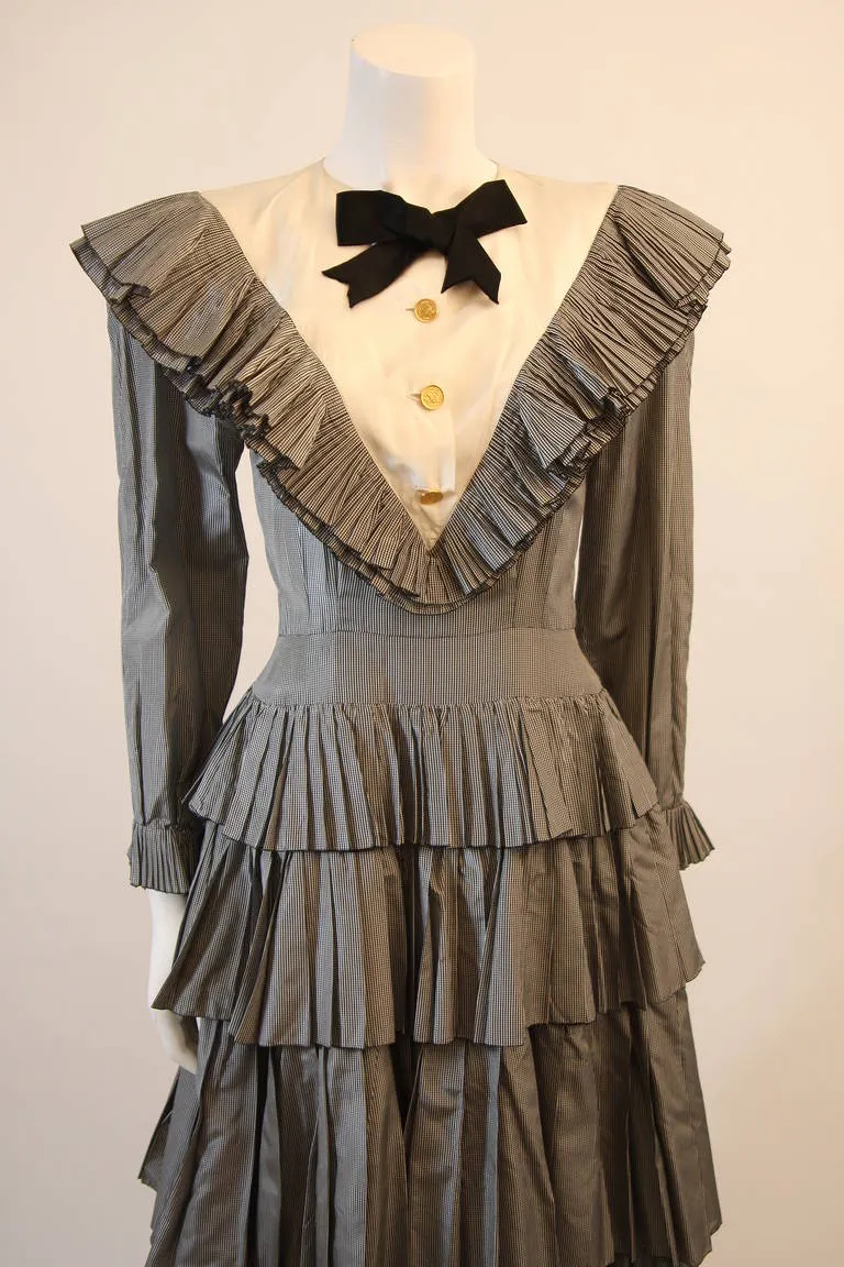 CHANEL Edwardian Tiered Ruffle Gingham Gown with Black Bow