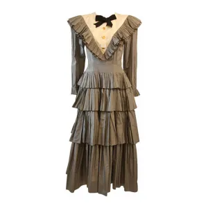 CHANEL Edwardian Tiered Ruffle Gingham Gown with Black Bow