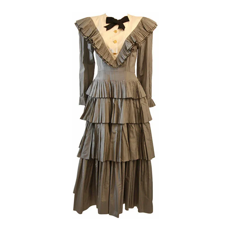CHANEL Edwardian Tiered Ruffle Gingham Gown with Black Bow