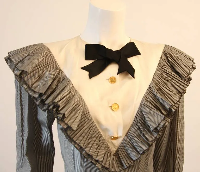 CHANEL Edwardian Tiered Ruffle Gingham Gown with Black Bow