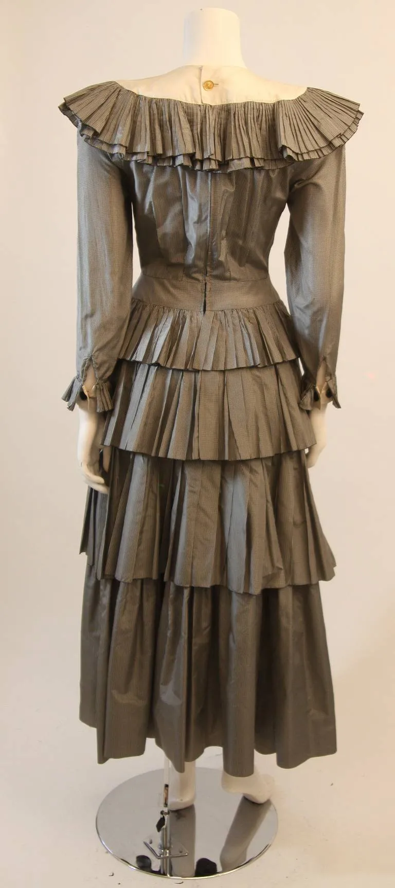 CHANEL Edwardian Tiered Ruffle Gingham Gown with Black Bow