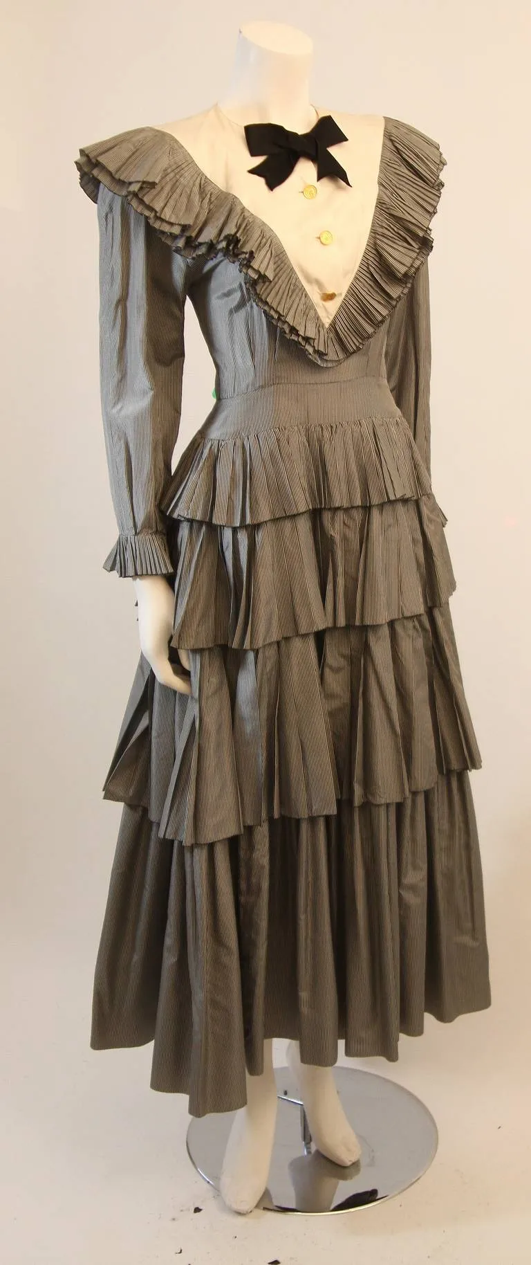 CHANEL Edwardian Tiered Ruffle Gingham Gown with Black Bow