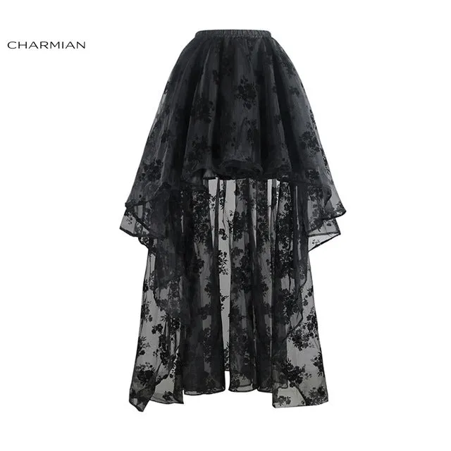 Charmian Women's Steampunk Gothic Vintage Skirt Floor Length Sexy Wedding Party High Low Black Floral Lace Skirt