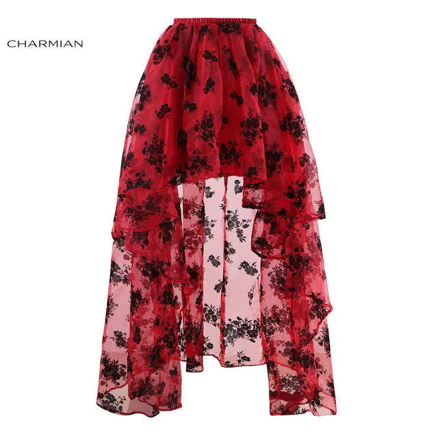 Charmian Women's Steampunk Gothic Vintage Skirt Floor Length Sexy Wedding Party High Low Black Floral Lace Skirt