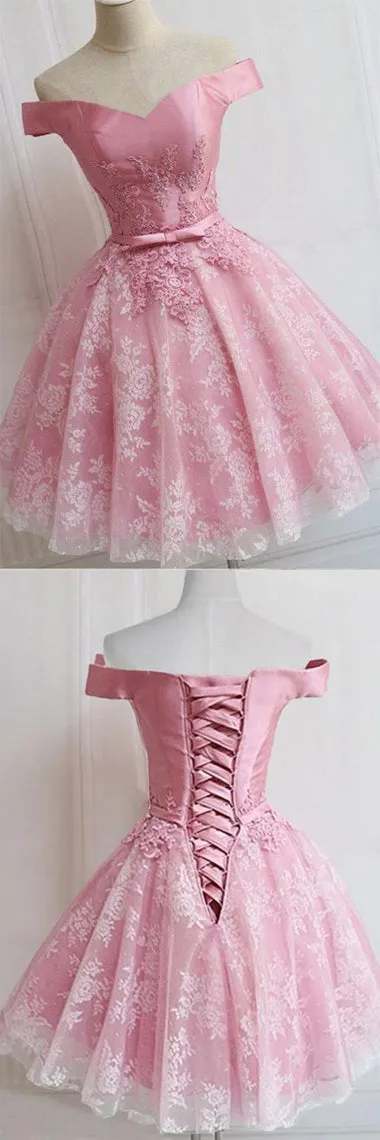 Charming Pink Off Shoulder A line homecoming dresses with Appliques, SH416