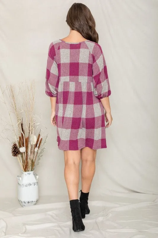 Checker Balloon Sleeve Midi Dress