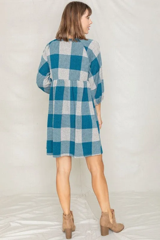 Checker Balloon Sleeve Midi Dress