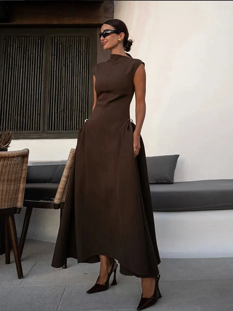 Chic Solid Slanted Collar Pleated A-Line Maxi Dress for Women