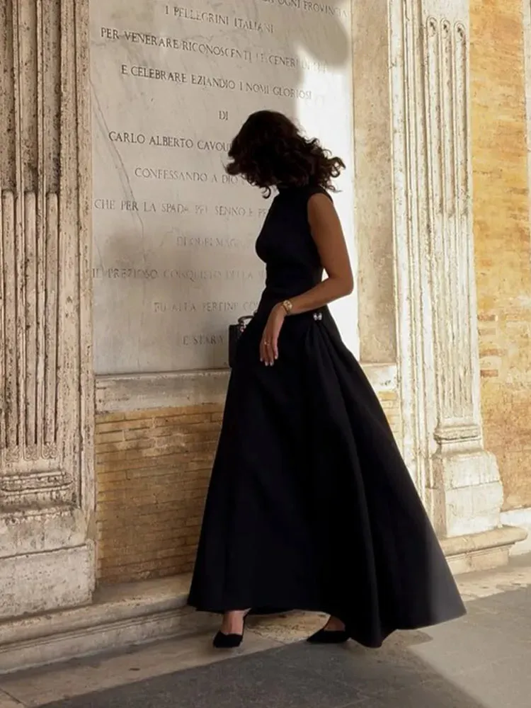 Chic Solid Slanted Collar Pleated A-Line Maxi Dress for Women
