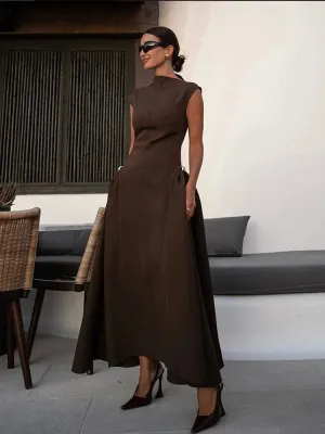 Chic Solid Slanted Collar Pleated A-Line Maxi Dress for Women