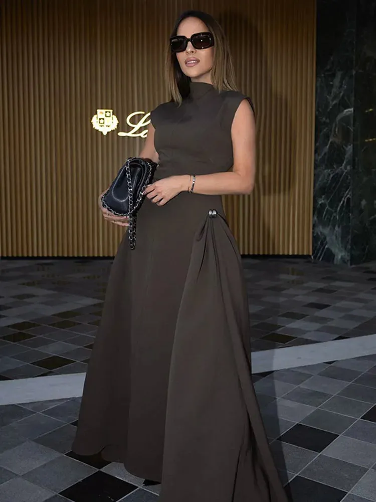 Chic Solid Slanted Collar Pleated A-Line Maxi Dress for Women