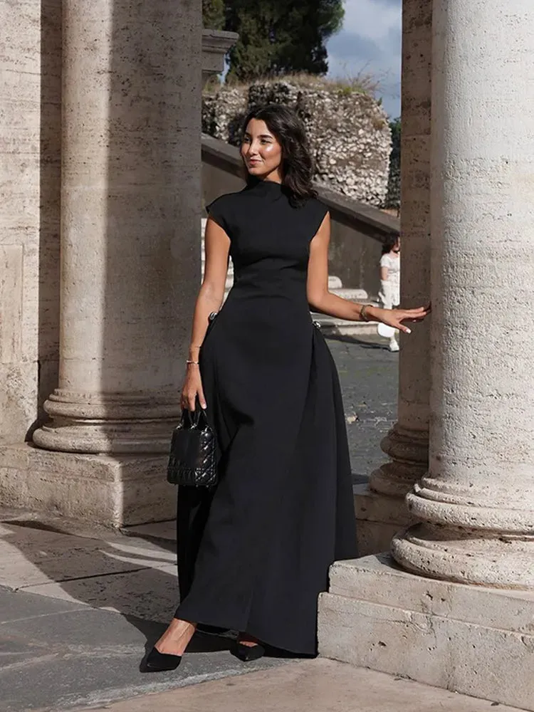 Chic Solid Slanted Collar Pleated A-Line Maxi Dress for Women
