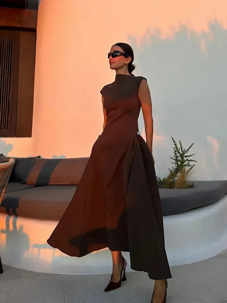 Chic Solid Slanted Collar Pleated A-Line Maxi Dress for Women