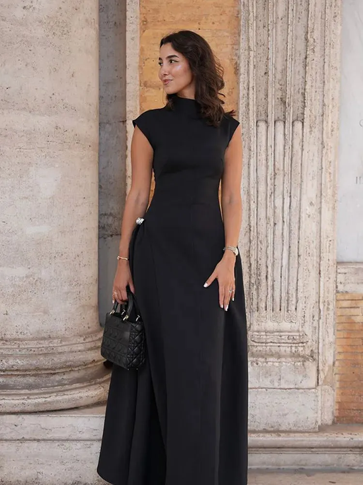 Chic Solid Slanted Collar Pleated A-Line Maxi Dress for Women