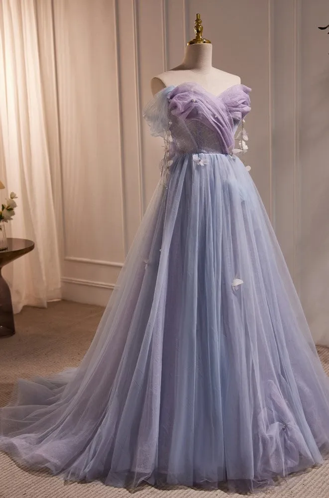 Chic Strapless Purple A Line Tulle Long Prom Dresses Unique Party Gown  LJ0606OK
