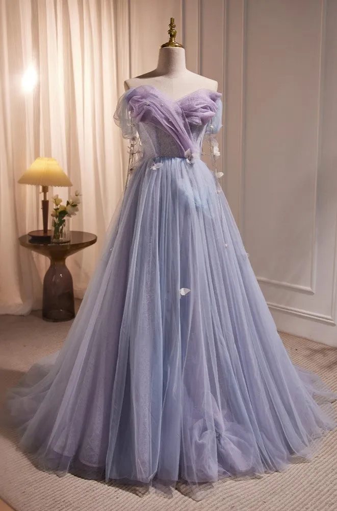 Chic Strapless Purple A Line Tulle Long Prom Dresses Unique Party Gown  LJ0606OK