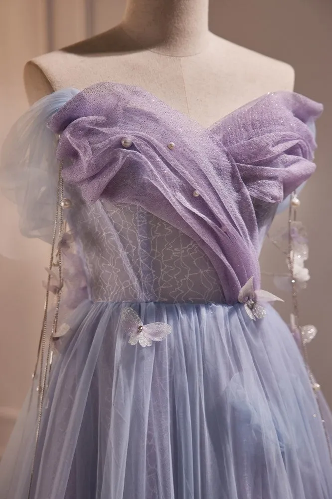 Chic Strapless Purple A Line Tulle Long Prom Dresses Unique Party Gown  LJ0606OK