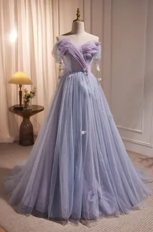 Chic Strapless Purple A Line Tulle Long Prom Dresses Unique Party Gown  LJ0606OK