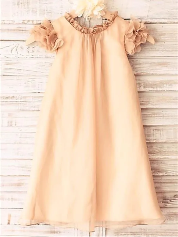 Chiffon Princess Scoop Short Sleeves Flower Girl Dresses Tea Length Dress