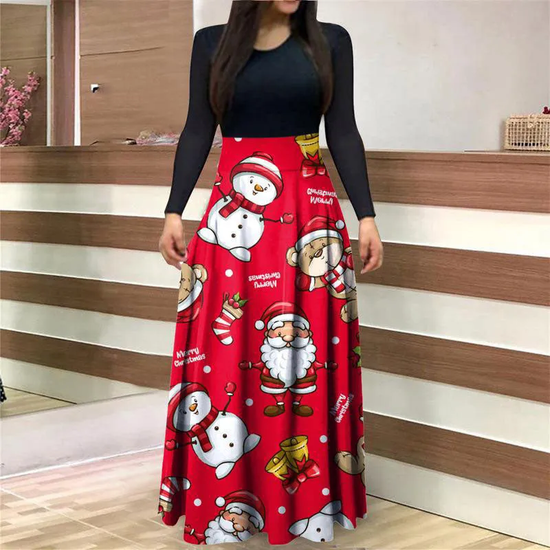 Christmas Pattern Long Sleeve Pleated Maxi Dress