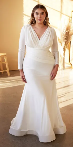Cinderella Divine CD0169C Floor Length Fitted Stretch Satin Dress Long Sleeve