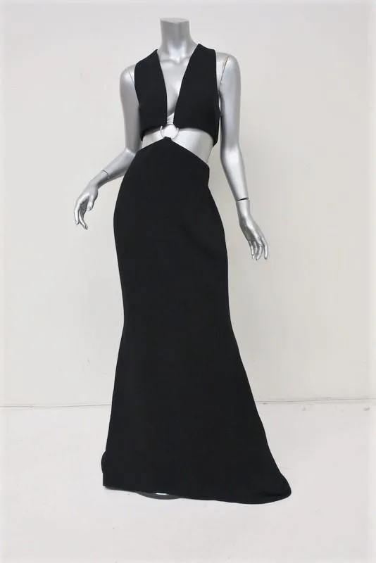 Cinq a Sept Everest Gown Black Crepe Size 12 Ring-Detail Cutout Maxi Dress NEW