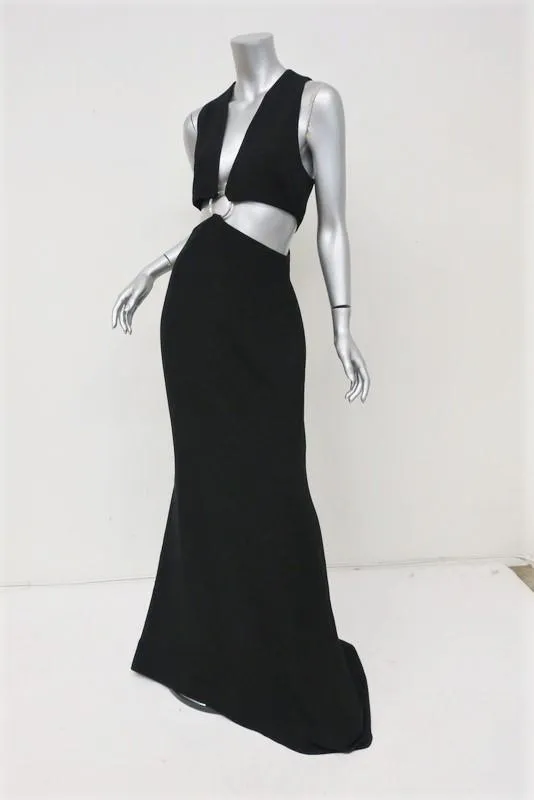 Cinq a Sept Everest Gown Black Crepe Size 12 Ring-Detail Cutout Maxi Dress NEW