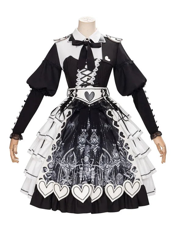 Classical Lolita OP Dress Black Lace Bows Criss-Cross Long Sleeve Lace Up Lolita One Piece Dress