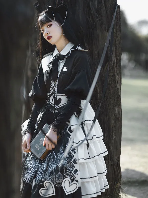 Classical Lolita OP Dress Black Lace Bows Criss-Cross Long Sleeve Lace Up Lolita One Piece Dress