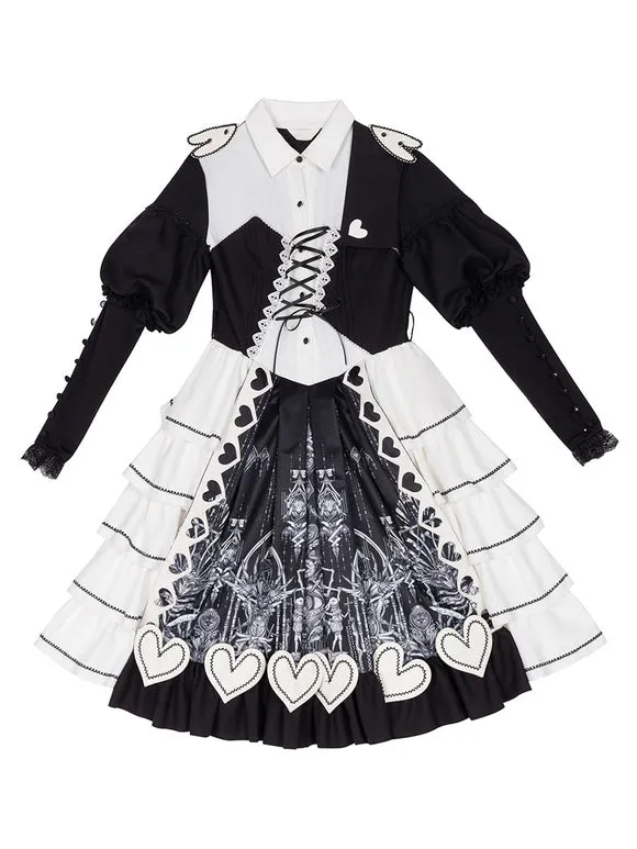 Classical Lolita OP Dress Black Lace Bows Criss-Cross Long Sleeve Lace Up Lolita One Piece Dress