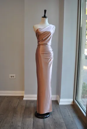 CLEARANCE - CHAMPAGNE LONG EVENING DRESS WITH SIDE SLIT