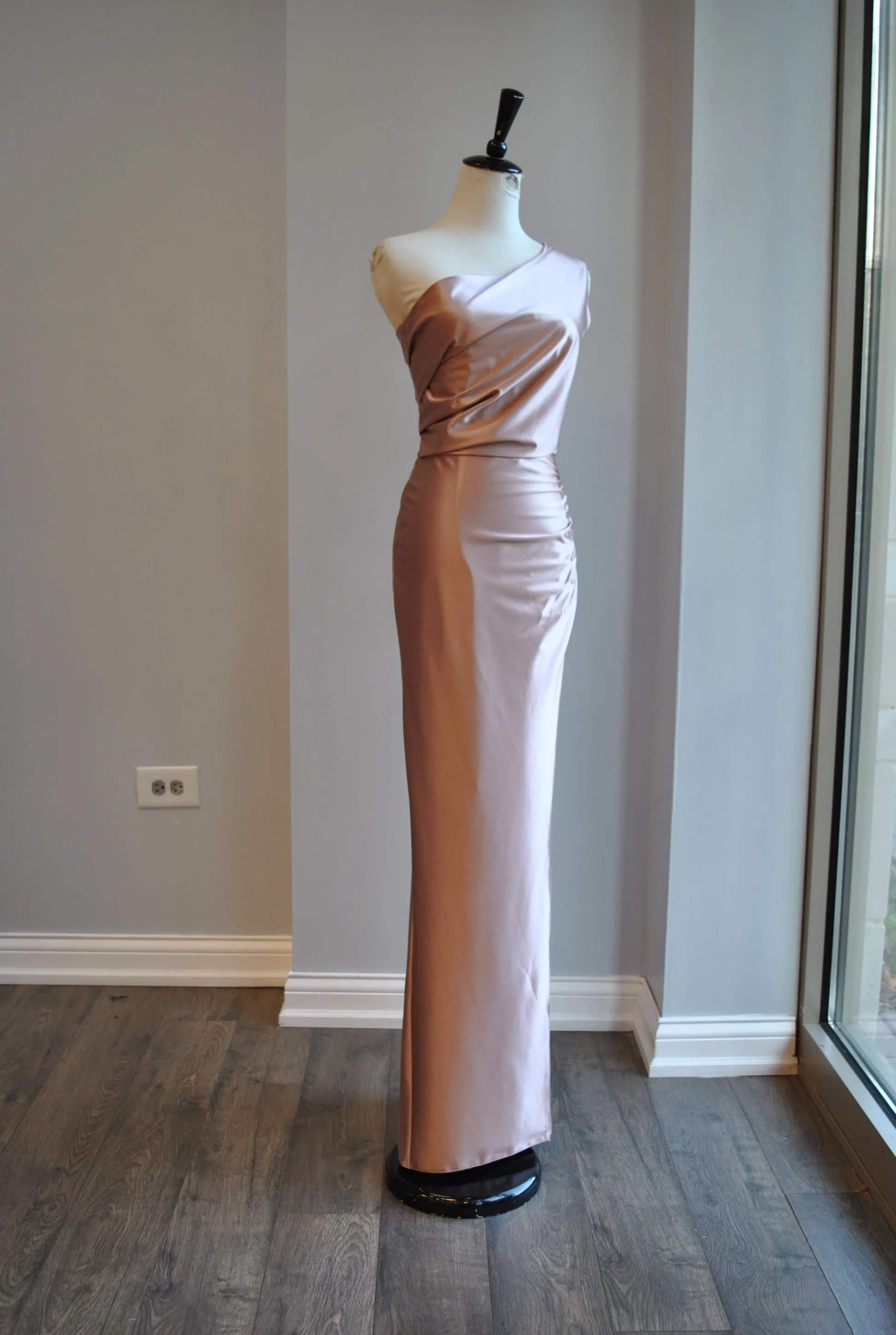 CLEARANCE - CHAMPAGNE LONG EVENING DRESS WITH SIDE SLIT