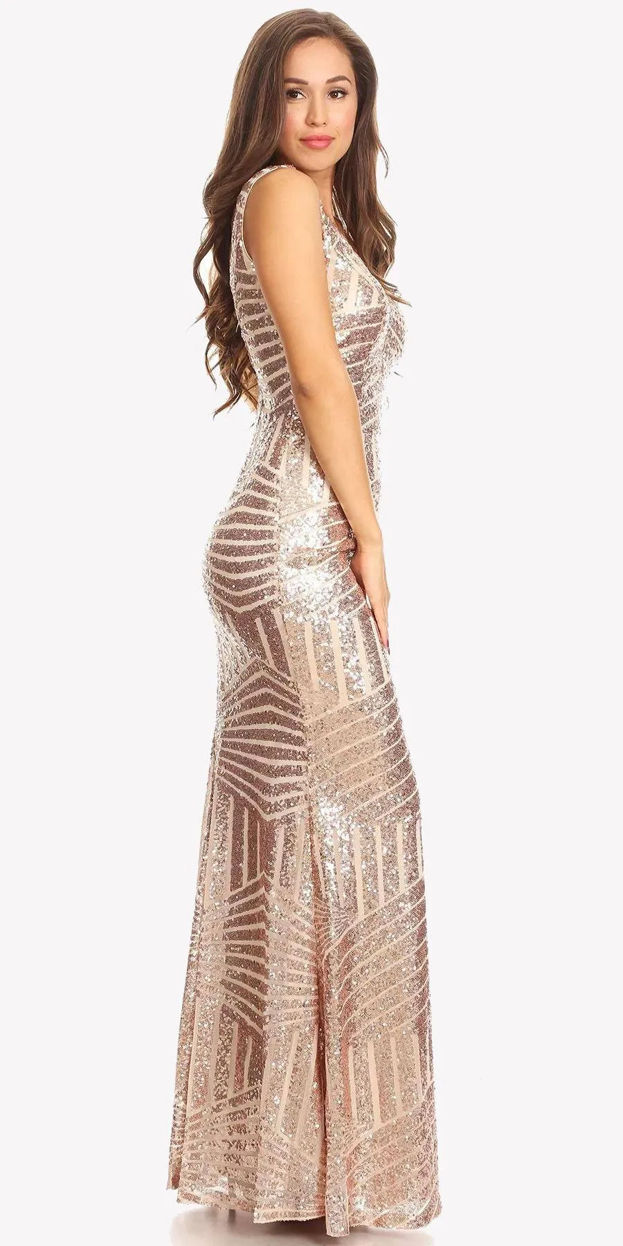 CLEARANCE - Eureka 7010 Floor Length Sequin Dress V-Neck with Sheer Inset (Size XS)