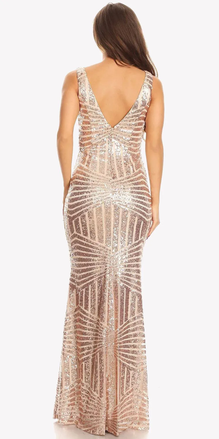 CLEARANCE - Eureka 7010 Floor Length Sequin Dress V-Neck with Sheer Inset (Size XS)
