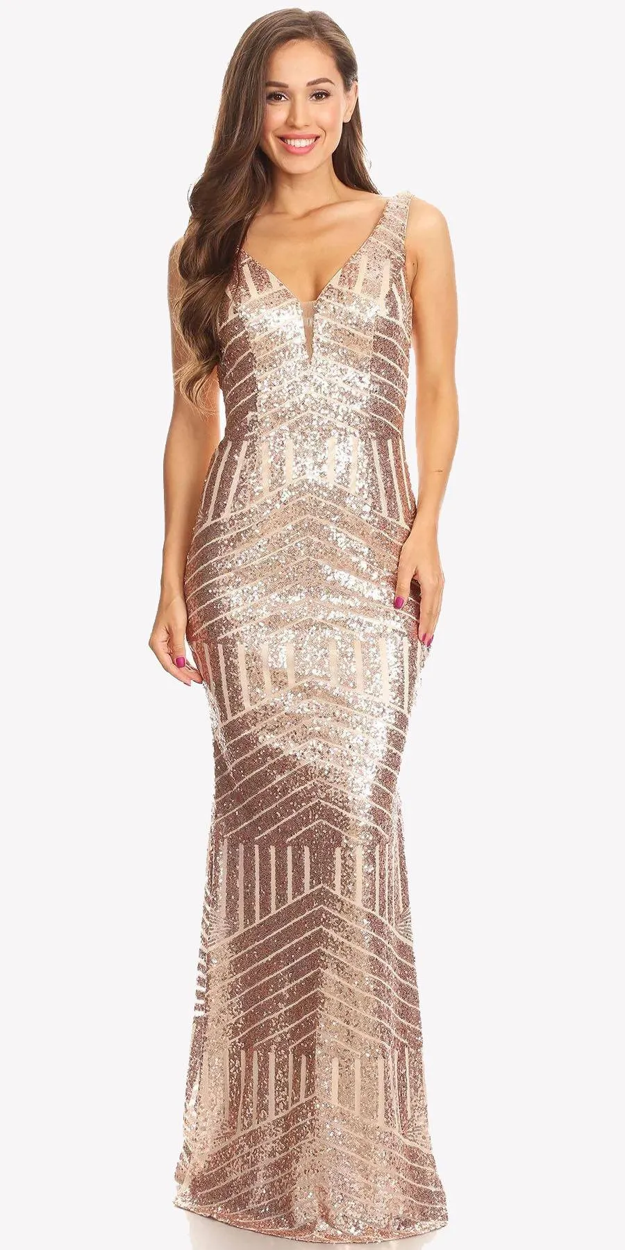 CLEARANCE - Eureka 7010 Floor Length Sequin Dress V-Neck with Sheer Inset (Size XS)
