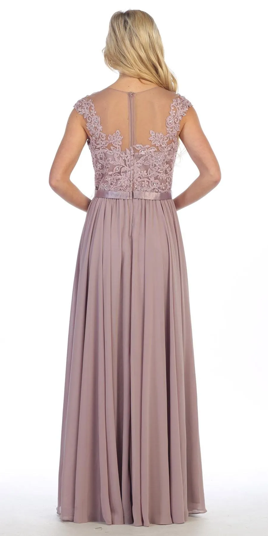 CLEARANCE - Floor Length A Line Mocha Evening Dress Cap Sleeve Chiffon (Size Large)