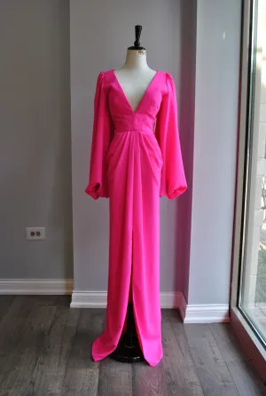 CLEARANCE - HOT PINK EVENING GOWN WITH LONG SLEEVES