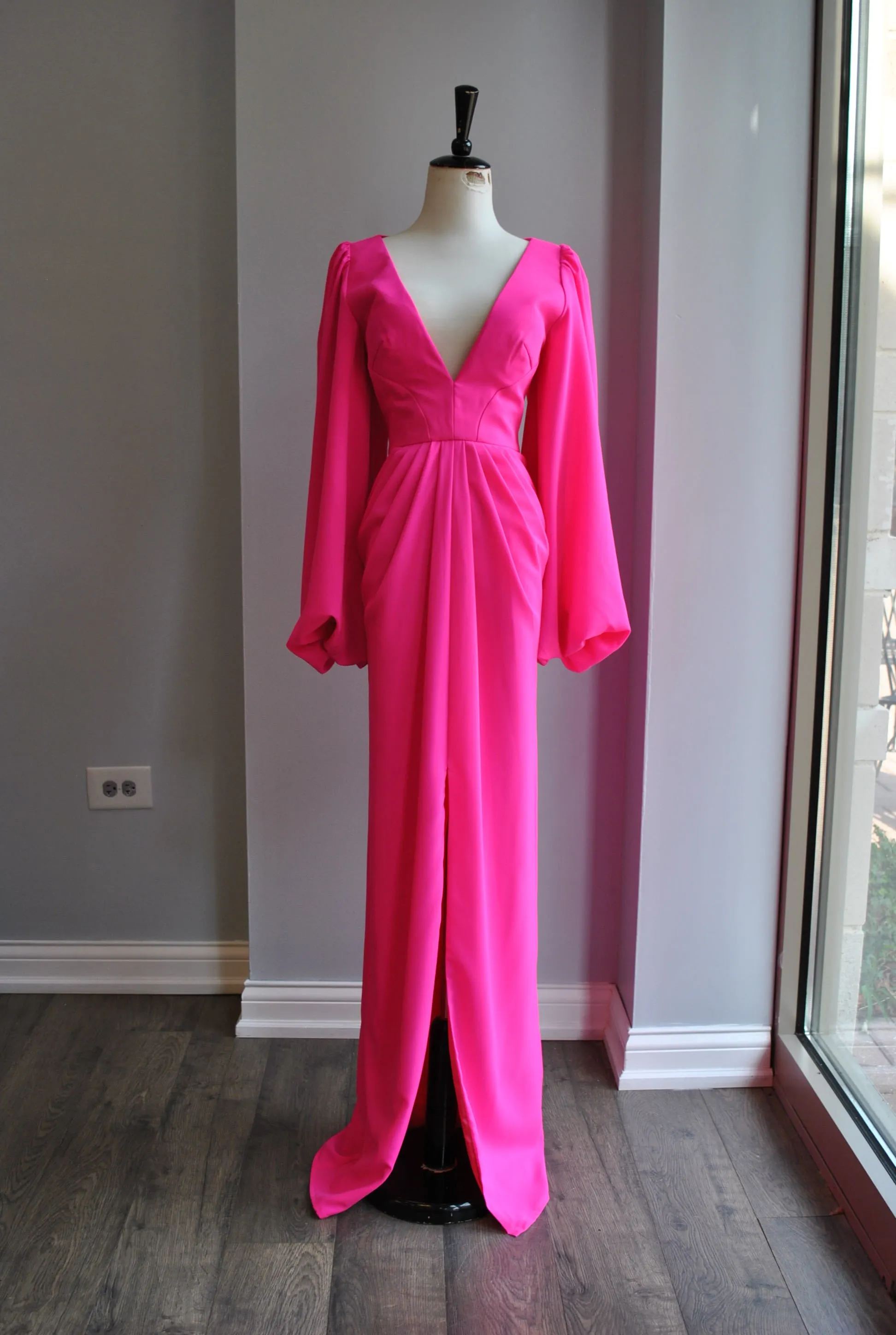 CLEARANCE - HOT PINK EVENING GOWN WITH LONG SLEEVES