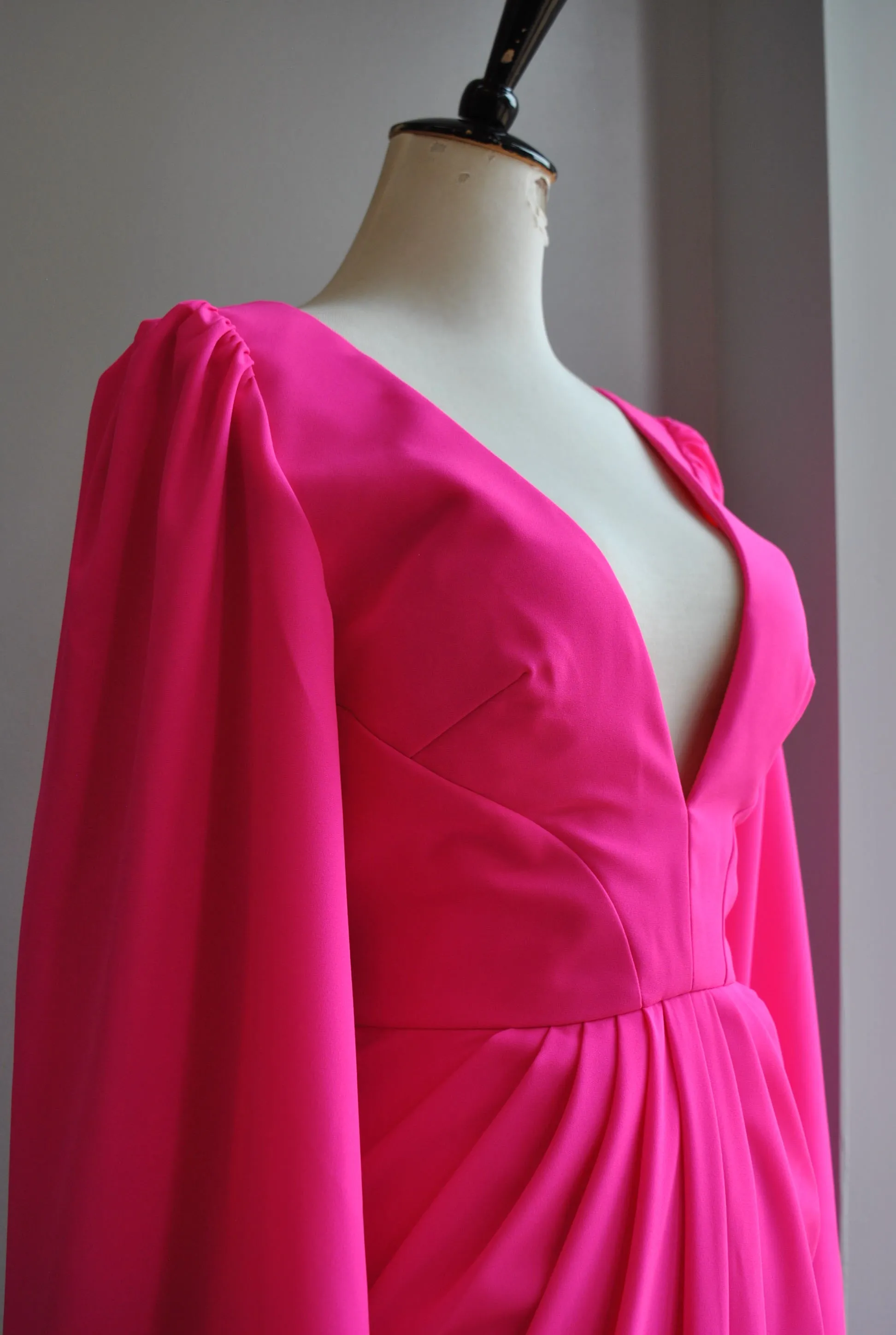 CLEARANCE - HOT PINK EVENING GOWN WITH LONG SLEEVES