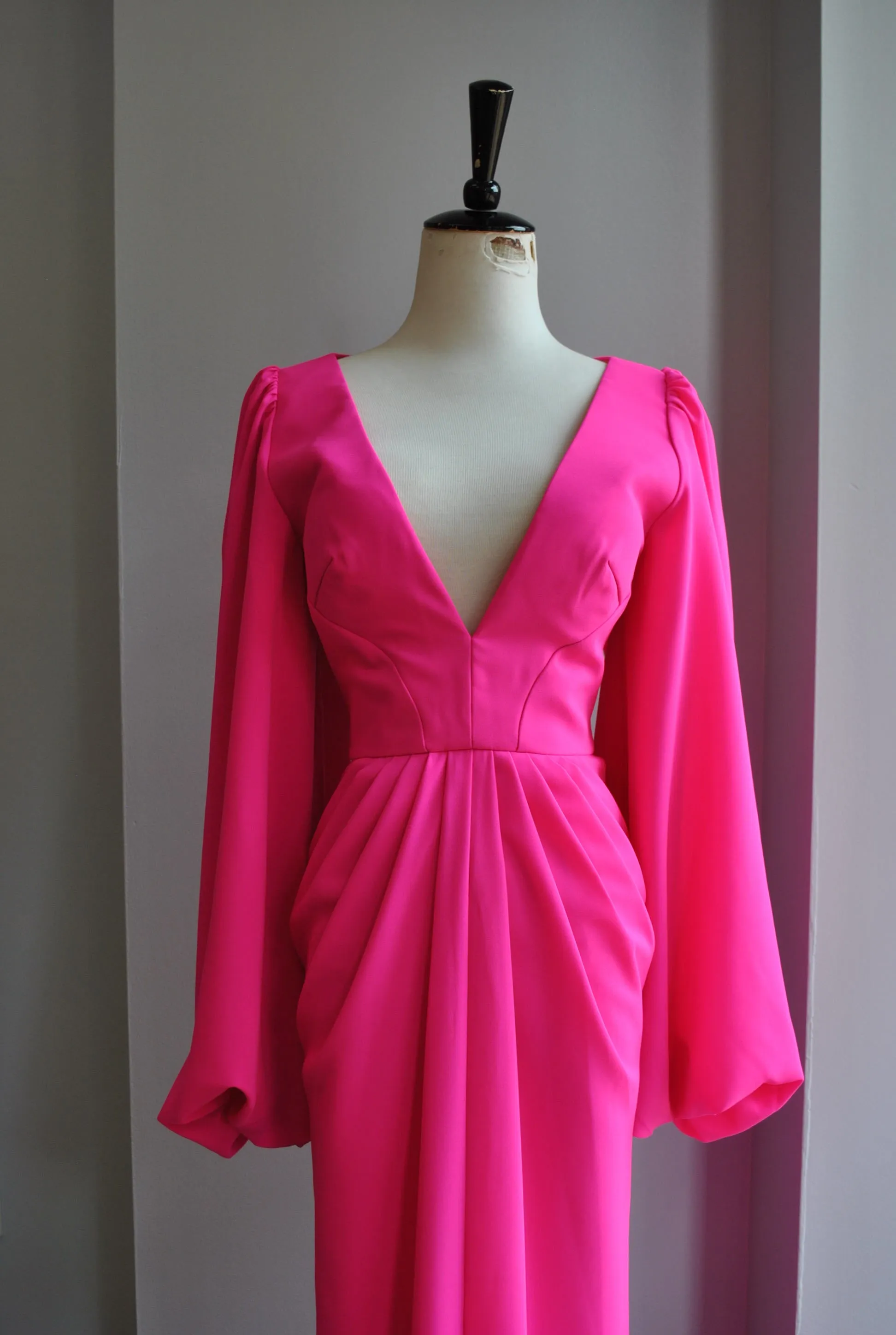 CLEARANCE - HOT PINK EVENING GOWN WITH LONG SLEEVES