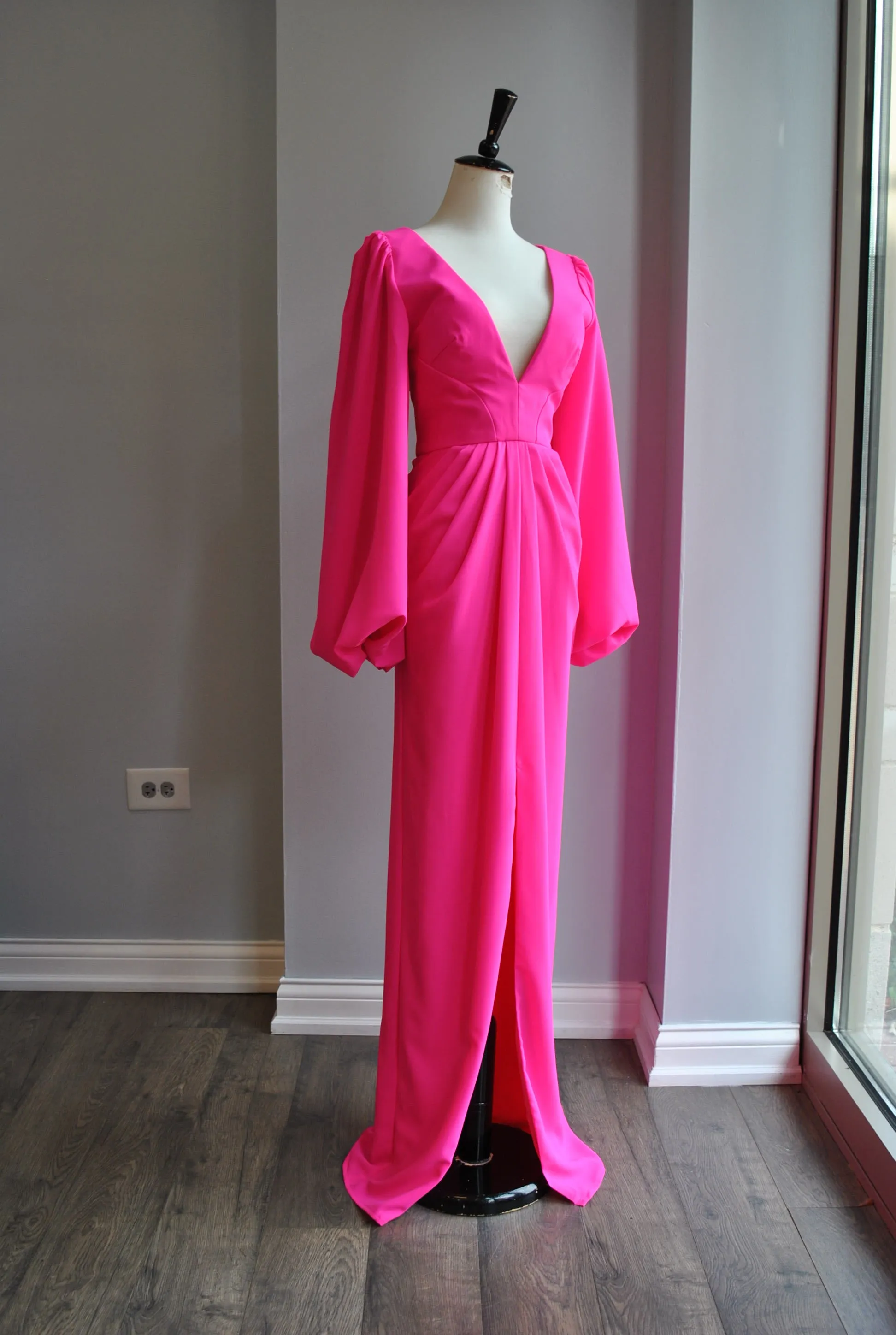 CLEARANCE - HOT PINK EVENING GOWN WITH LONG SLEEVES