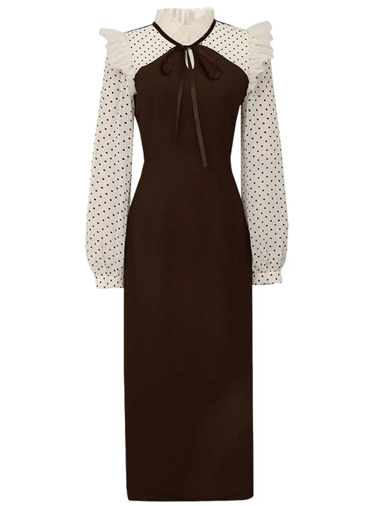 Coffee 1960S Vintage Polka Dots Ruffles Long Sleeve Bodycon Dress