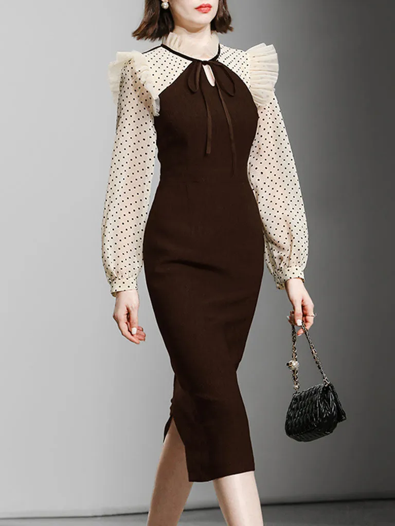 Coffee 1960S Vintage Polka Dots Ruffles Long Sleeve Bodycon Dress