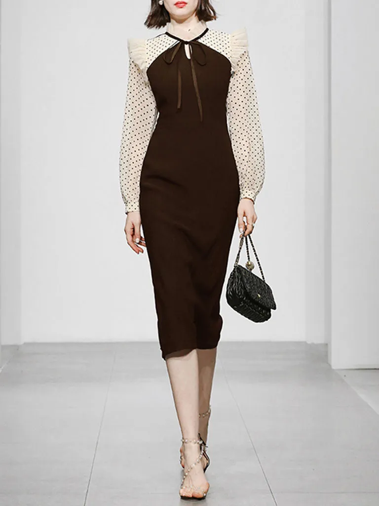 Coffee 1960S Vintage Polka Dots Ruffles Long Sleeve Bodycon Dress