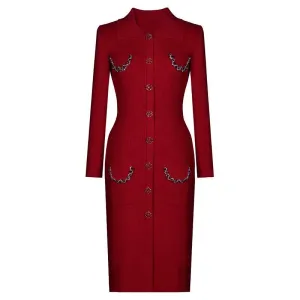 Collared Long Sleeves Knitted Midi Dress With Beaded Trim and Buttoms