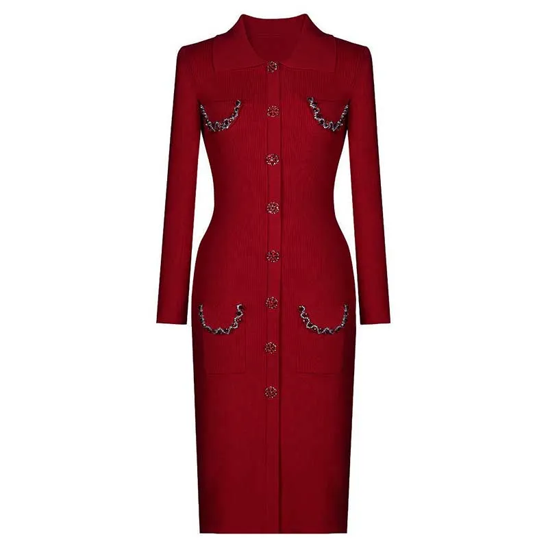 Collared Long Sleeves Knitted Midi Dress With Beaded Trim and Buttoms